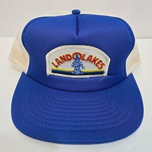 Vintage Land O' Lakes Trucker Hat Patch Blue Snapback Mesh Agriculture Indian MN